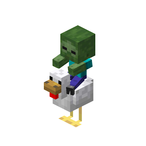 A Minecraft video game character: a baby zombie riding a chicken.