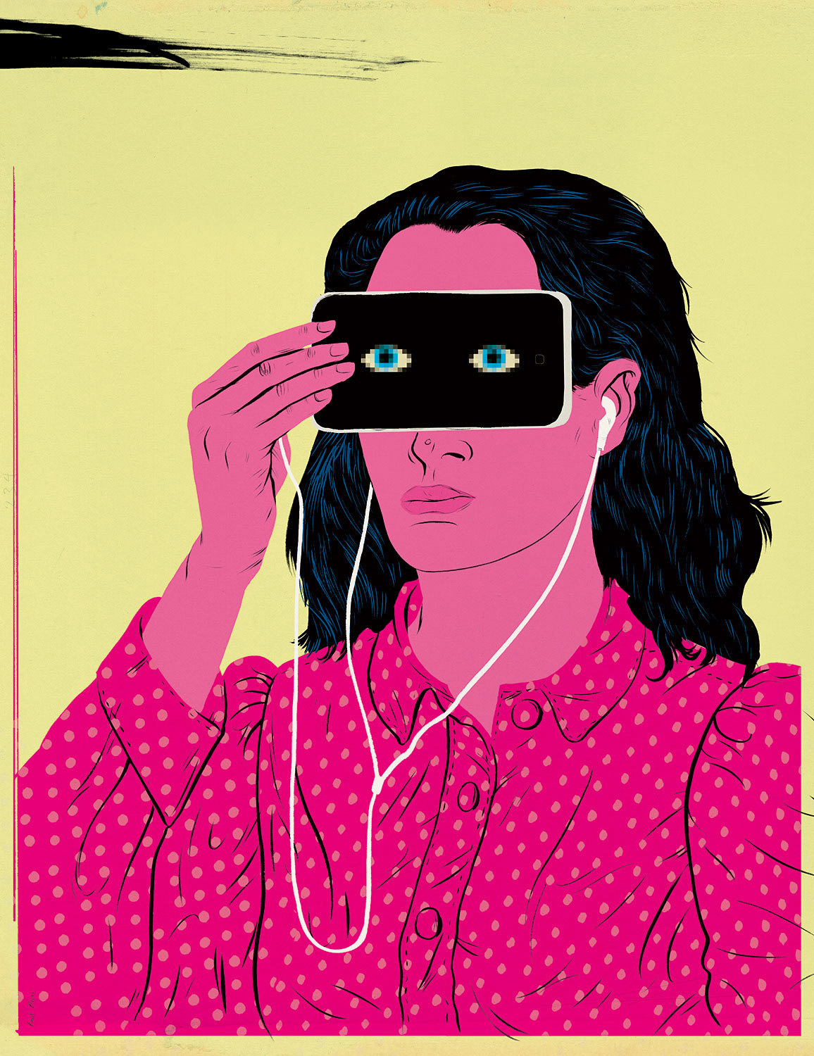 An illustration of a person wearing headphones with a phone covering their eyes, but the eyes are visible through the screen.